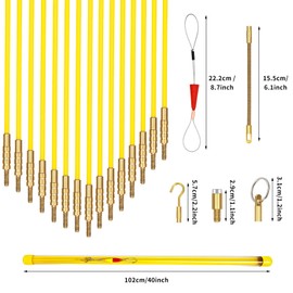 50' Fiberglass Cable Wire Running Rod Coaxial Electrical Connectable Fish Tape Pull Kit with Hook and Hole Kit in Transparent Tube, Yellow