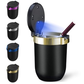 Windshoon Car Ashtray with Lid, Portable Ashtray for Car, Detachable Stainless Steel Smokeless Ashtray with LED Blue Light, Windproof for car Travel, Mini Car Trash Can(Golden 1-Pack)