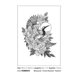 kobench Cool Temporary Tattoos,Soaring Red-Crowned Crane Flower - K48 Design,Waterproof,Easy-to-Apply,Long Lasting 1-2 Weeks, Plant-Based,Flower Tattoos