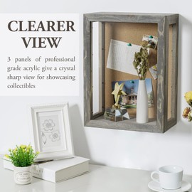 MyGift 11 x 15 Inch Wall Mounted Vintage Gray Solid Wood Shadow Box with Cork Back, Premium Clear Acrylic Viewing Panels, and Hinged Door with Magnetic Closure