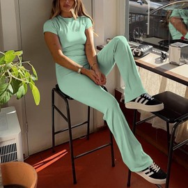 GTETKDE Women's 2 Piece Lounge Sets Casual Y2K Outfits Short Sleeve Crop Top Fold-over Flare Pants Set Tracksuits LightGreen M