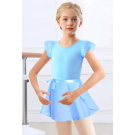 DANSHOW Girls Short Sleeve Leotard with Skirt Kids Dance Ballet Tutu Dresses, Light Blue, 6-8 Years