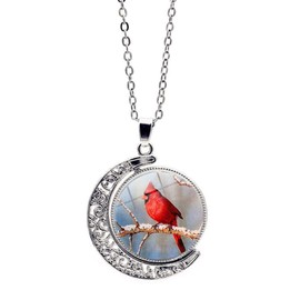 WUSUANED Oval Glass Cardinal Bird Necklace Red Cardinal Bird Memorial Jewelry Family Loss Gift (Cardinal bird necklace)