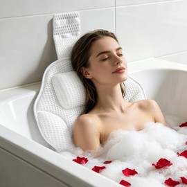 Extra Thick Petal-Shaped Bath Pillow for Head, Neck and Backrest, Extra Thick, Polyester, White, Anti-Slip Suction Cups, Washable, Luxury Spa Bathroom Accessories (Standard Store Size)