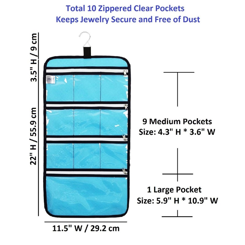 ANIZER Hanging Jewelry Organizer with 10 Zippered Clear Pockets for