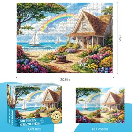 500 Piece Puzzles for Adults, Cozy Beach Cottage 500 Piece Puzzle, Vibrant Rainbow Sky Jigsaw Puzzle, Perfect for Family Game Night, Home Wall Decor, Ideal Gift for Adults, Kids, Seniors, 20.5 x 15 in