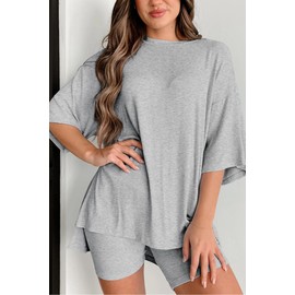 Huniam Women's 2 Piece Lounge Set 2025 Summer Outfit Short Sleeve Oversized Tshirts & Biker Shorts Casual Matching Tracksuit (S, Light Gray)