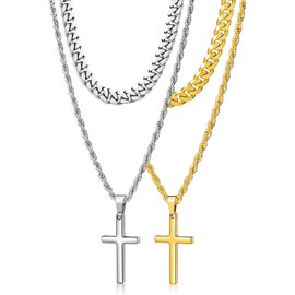 Romass 4Pcs Cross Necklace for Men,Stainless Steel Chains for Men Layered Necklaces Silver Gold Black Pendant Jewelry Box Gifts 18-24 Inches(4Pcs 18in/20in, Silver+Gold)