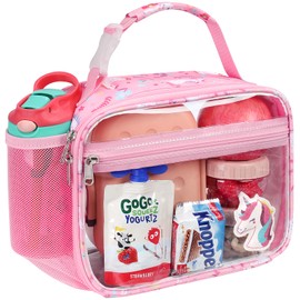 Bagseri Clear Kids Lunch Bags - Kids Clear Lunch Box for School Reusable Lunch Box with Water Bottle Holder Transparent Lunch Bag for Girls Stadium Approved Clear Bag, Pink Unicorn