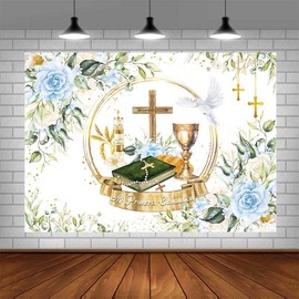 AIBIIN 7x5ft Mi Primera Comunión Backdrop Baptism Backdrop Decorations First Communion Decorations Primera Comunion Decoraciones Blue Floral Pampas Photo Studio Props