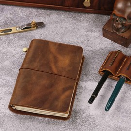 Refillable Leather A5 A6 Travelers Notebook Cover with Inner Pockets,5 x 8 inch Card Slots and Pen Holder (A6-5.8'' x 4.1'')