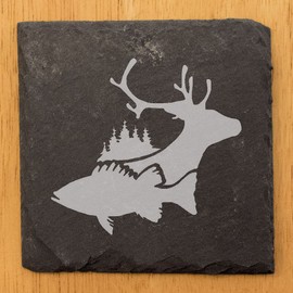 Slate Coasters with Deer and Fish Laser-Etched Design - Protect Your Surfaces in Style! Hunting & Fishing. Natural Stone Coasters - Square Slate - set of 4