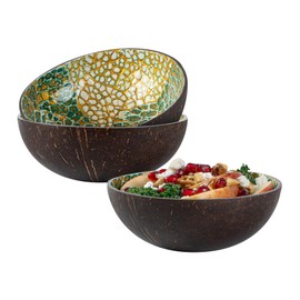Restaurantware-Coco Casa 15.8 Ounce Coconut Bowl, 1 Reusable Handcrafted Bowl - Eggshell Patterns, Mother-Of Pearl-Inlay Texture, Green Coconut Smoothie Bowl, For Warm Or Cold Foods, For Salads