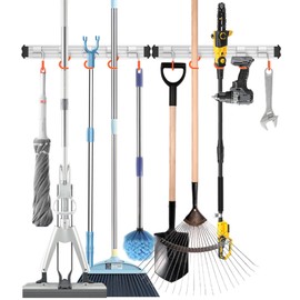 Paglipat Mop and Broom Holder Wall Mount Garden Tool Rack Organizer, Modern Style,Movable Aluminum Alloy Wall Mounted Hook 2 Pack,Storage Gift for Bathroom,Closet,Laundry Room,Garage,Tool Room(Orange)