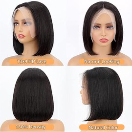 Lace Front Bob Wigs Human Hair Pre Plucked Glueless 13x4 HD Lace Frontal Wig With Baby Hair 180% Density Short Straight Bob Wigs For Black Women (Black Bob Wig, 14 Inch)
