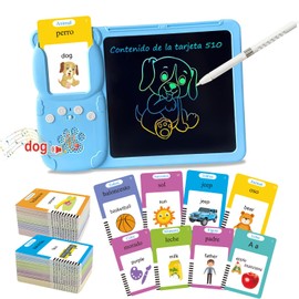 Tableta de Escritura LCD con Tarjetas Flash Parlantes, Lectura Bilingüe en Español e Inglés, Juguetes Didacticos Pizarra Mágica a Color, Montessori Juguetes Regalo para Niños de 3 4 5 6 7 Años (Azul)