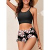 Herseas Women's Bikini Sets Black Floral Print High Waisted Longline