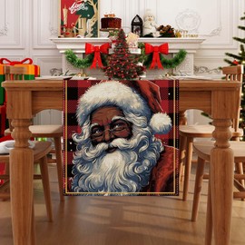 Jiudungs Linen Red and Black Buffalo Plaid Black Santa Christmas Table Runner 72 Inches Long African American Christmas Xmas Winter Holiday Table Decorations