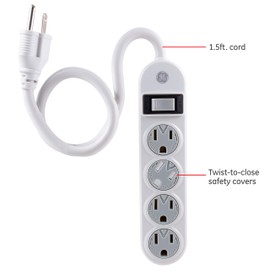 GE GE 14837 4 Power Strip Extension Cord, Grounded Outlets, Twist-to-Lock Safety Covers, Integrated Circuit Breaker, UL Listed, 1.5 Ft, White