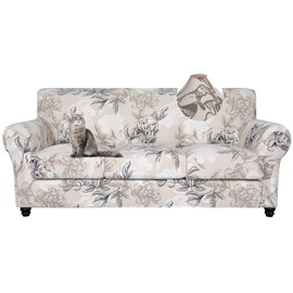 SearchI Newest Sofa Cover Couch Covers, 4 Pieces Sofa Slipcover with 3 Separate Cushion Covers Stretch Soft Furniture Protector for Living Room Couch Cover for Pets Kids(Sofa, Beige+Flower)