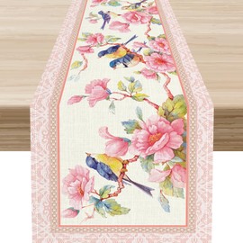 Spring Floral Table Runner, Pink Floral Birds Seasonal Vintage Elegant Buffalo Summer Holiday Farmhouse Kitchen Dining Table Scarf for Holiday Kitchen Living Room Home Party Decor 13"x36"