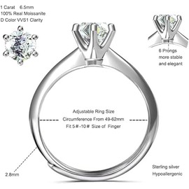 Anillo Compromiso, Anillo de Moissanita para Mujer, Anillos Ajustables de Plata de Ley 925, Anillos de Compromiso, Anillos de Promesa de Moissanita, Ideal para Compromiso, Boda, Aniversario y Día de la Madre, Regalo Romántico de Joyería Fina