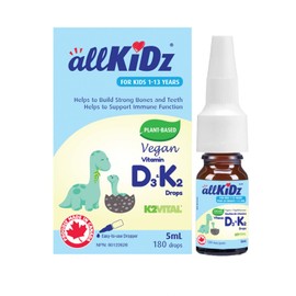 allKiDz Vegan Vitamin D3 and K2 (MK-7 K2VITAL) Drops for Toddlers Kids Children, Liquid Supplement for Strong Bones & Immune Health & Calcium Absorption, Plant-based, No Preservatives, No sugar, Unflavoured, 5 Milliliter 180 Drops