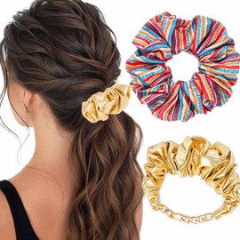 Bouory Soft Big Hair Scrunchies Polka Dot Hair Ties Red Bandana Scrunchies Elastics Thick Ponytail Holders for Women and Girls 4PCS (Type F), red, green, white, purple