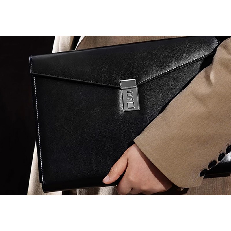 A4 Black Leather Password Lock Document Bag Manager File Folder