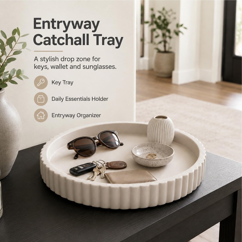 11" Concrete Coffee Table Tray, Cream Round Decorative Tray for