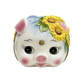 FORLONG Ceramic Piggy Bank for Girl，Coin Bank，Money Box,Hand-Painted Flower Pig Design (Sunflower, Small)