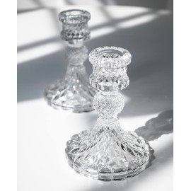 Taper Candle Holders Set of 2, Clear Glass Candlestick Holder Fit 0.8 Inch Candles, 4 Inch Tall Crystal Decorative Candle Stand Centerpiece for Table Wedding Dinning Party