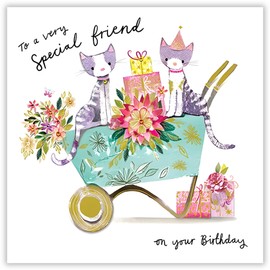 Friend Birthday Card - Female/For Her - Special Friend - Cats and Flowers - Artistic Design by Clare Tupper - Special Finishes - Made in the UK - Eco-Friendly