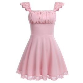 OBEEII Women's Square Neck Strap Lace Mini Dress Flowy A-Line Ruffle Swing Casual Summer Corset Short Dress Sexy Club Party Night Out Graduation Mini Dress Pink XL