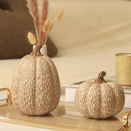 Thanksgiving Resin Pumpkins Fall Decor, Brown and White Decorative Pumpkins Figurine, Artificial Carved Faux Pumpkin Statues for Rustic Fall Tabletop Home Decor, Farmhouse, Autumn, Harvest, Wedding