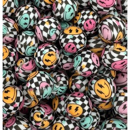 Checkered Smiley 15mm Round Printed Silicone Beads - Amount: 5