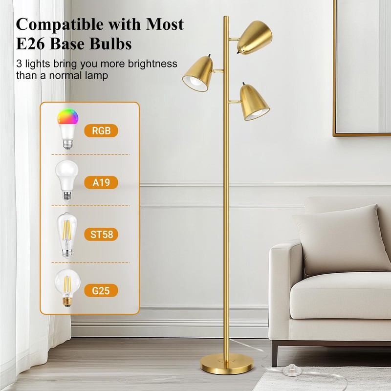 QiMH Tree Floor Lamp with 3 Light Bulbs, Standing Tall