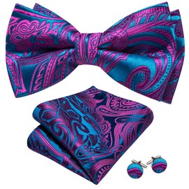 Barry.Wang Fuchsia Teal Bow Tie Set Men Paisley Silk Pre-Tied Bowtie Pocket Square Cufflinks Formal Wedding Party Prom