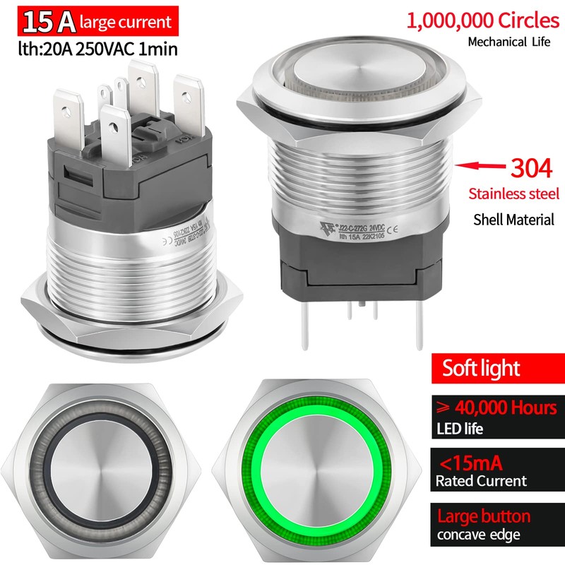 22mm Push Button Switch 15A Large Current Momentary 2NO 24V