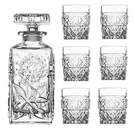 Amlong Crystal Flower Design Crystal Decanter and Glass Set, 7 Pieces