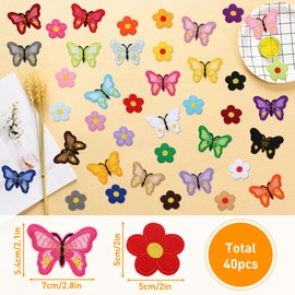 Pack of 40 iron-on patches, flower patches, butterfly, embroidered children's sew-on patches, appliqué iron-on patches for hat, jeans, backpacks, DIY clothes