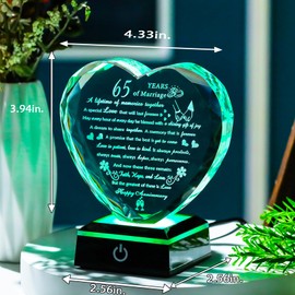 Happy 65th Wedding Anniversary Crystal Gifts for Couples Parents with Light Base, Romantic Heart 65th Anniversary Keepsake Gifts for Her Him, 65 Years of Marriage Gift for Wife Husband