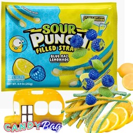 Sour Filled Bites Straws - 8.9oz Extra Value Bag - Dual Flavor Fusion Blue Raspberry & Lemon - Comes With One Bus Resealable Zipbag (Lemon+Blue Raspberry)