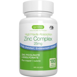 Igennus Chelated Zinc Picolinate & Bisglycinate Complex 25mg with Copper, Clean Label & High Absorption, 180 Tablets, Supplement for Immune, Skin and Cellular Health, Non-GMO, Vegan