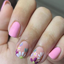 Extra Short Press On Nails，Short Glue On Nails, Nails Press Ons, Square Short Fake Nails Matte Pink False Nails with Small Floral Press ons Designs Artificial Nails Stick on Nails for Women 24Pcs