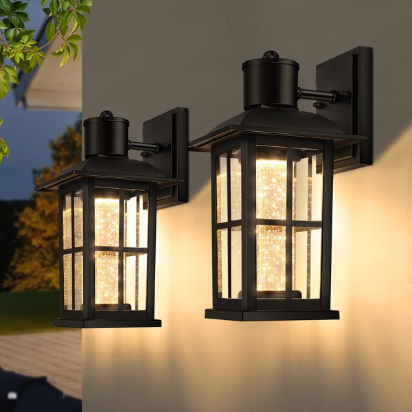 2-Pack LED Outdoor Wall Sconce Black Modern Porch Light with Crystal Bubble Glass, Exterior Waterproof Wall Mounted Light Fixtures, 10W 3000K 100% Aluminum Wall Lights for Garage Doorway Patio Balcony