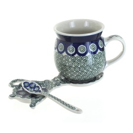 Blue Rose Polish Pottery Peacock Swirl Mug & Saucer Gift Set