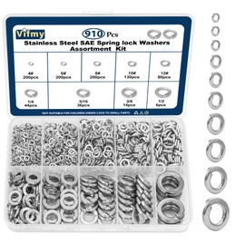 Vifmy SAE Spring Lock Washers Assortment Kit(910 Pack), #4#6#8#10#12 1/4" 5/16" 3/8" 1/2" SAE Split Lock Washer Set, 304 Stainless Steel Lock Washers for Screws Bolts