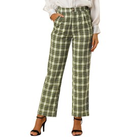 Allegra K Women's Plaid Trousers Pockets Straight Leg Pants Large Green