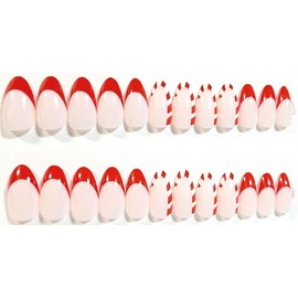 Hint Of Candy Cane French Manicure Wide Width Glossy Almond Press On Nails - 24 Pieces - Artificial Nail Kit - Holiday Nails - Christmas Nails